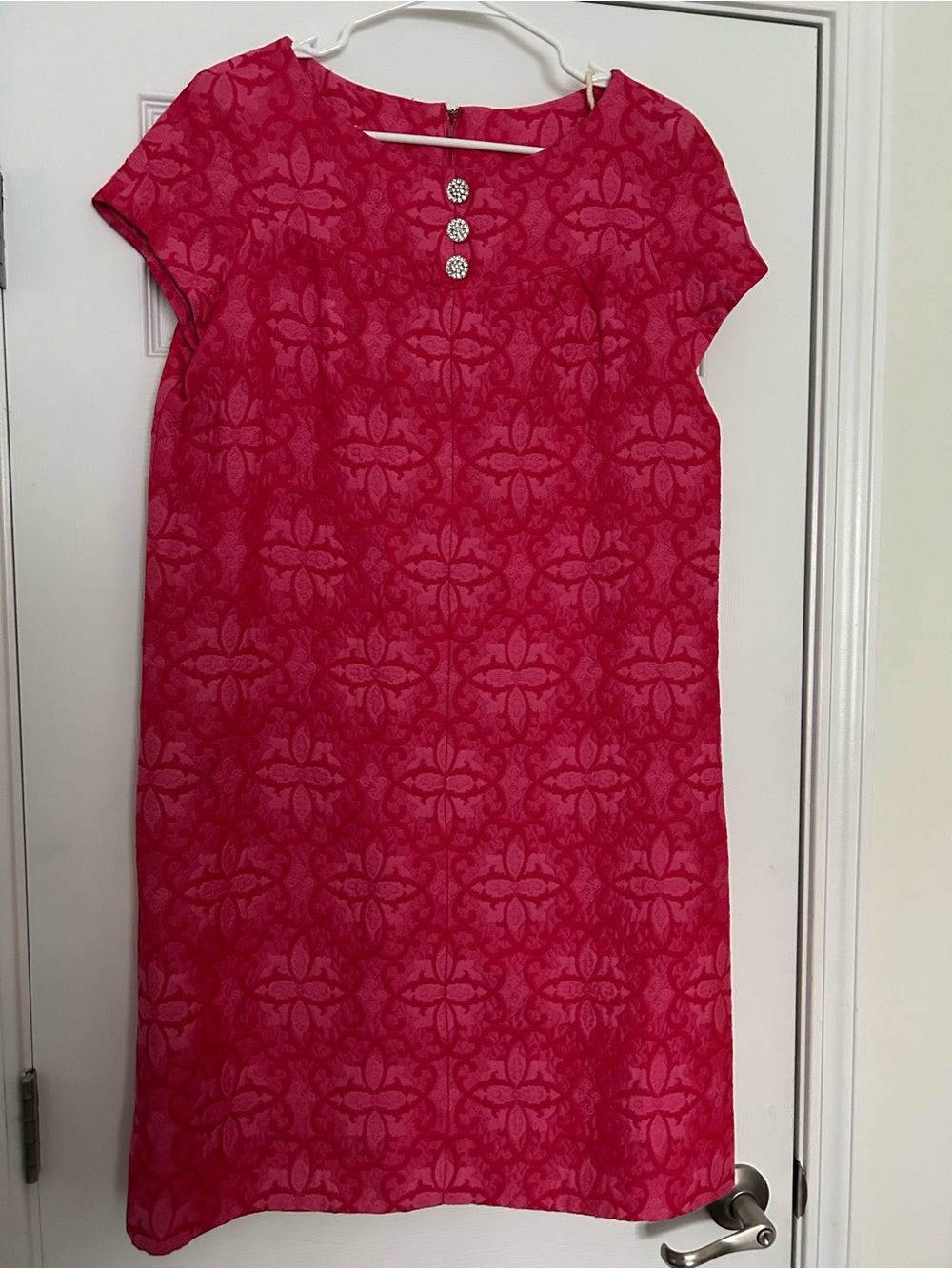 Vintage 1960s Howard Wolf Pink Jacquard Dress: Jewel Neckline, Gemstones Midi